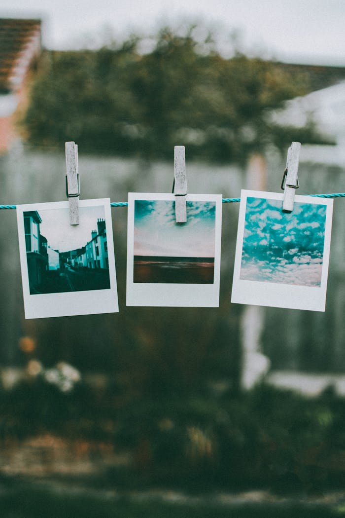 Three vintage Polaroid photos hanging on a clothesline outdoors, depicting various landscapes.